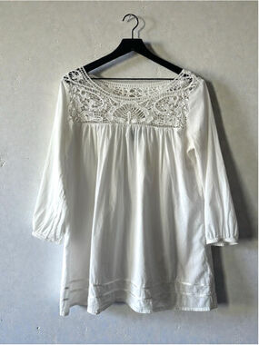 DKNY White Boho Tunic Top L Crochet Lace 3/4 Sleeve Summer